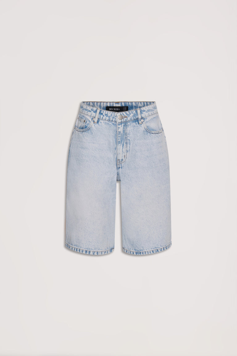 Light blue longline denim shorts with classic five-pocket styling and belt loops for casual, versatile wear.