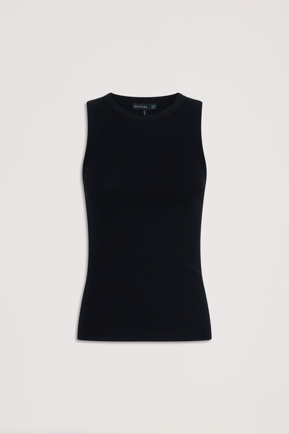Black ribbed tank top with neat fit and sleeveless design, crafted for versatile everyday style.