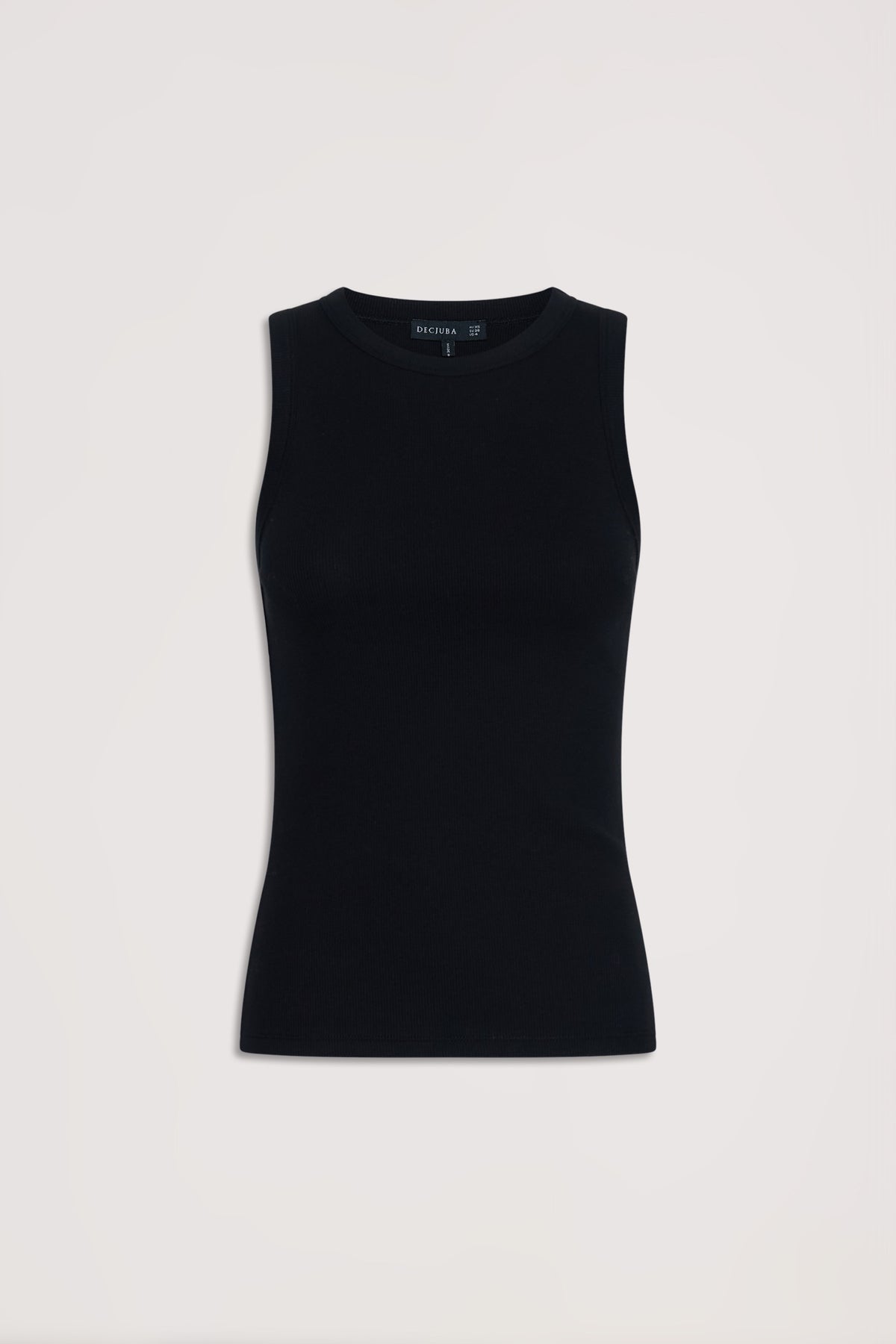Black ribbed tank top with neat fit and sleeveless design, crafted for versatile everyday style.