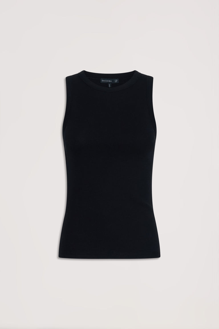 Black ribbed tank top with neat fit and sleeveless design, crafted for versatile everyday style.