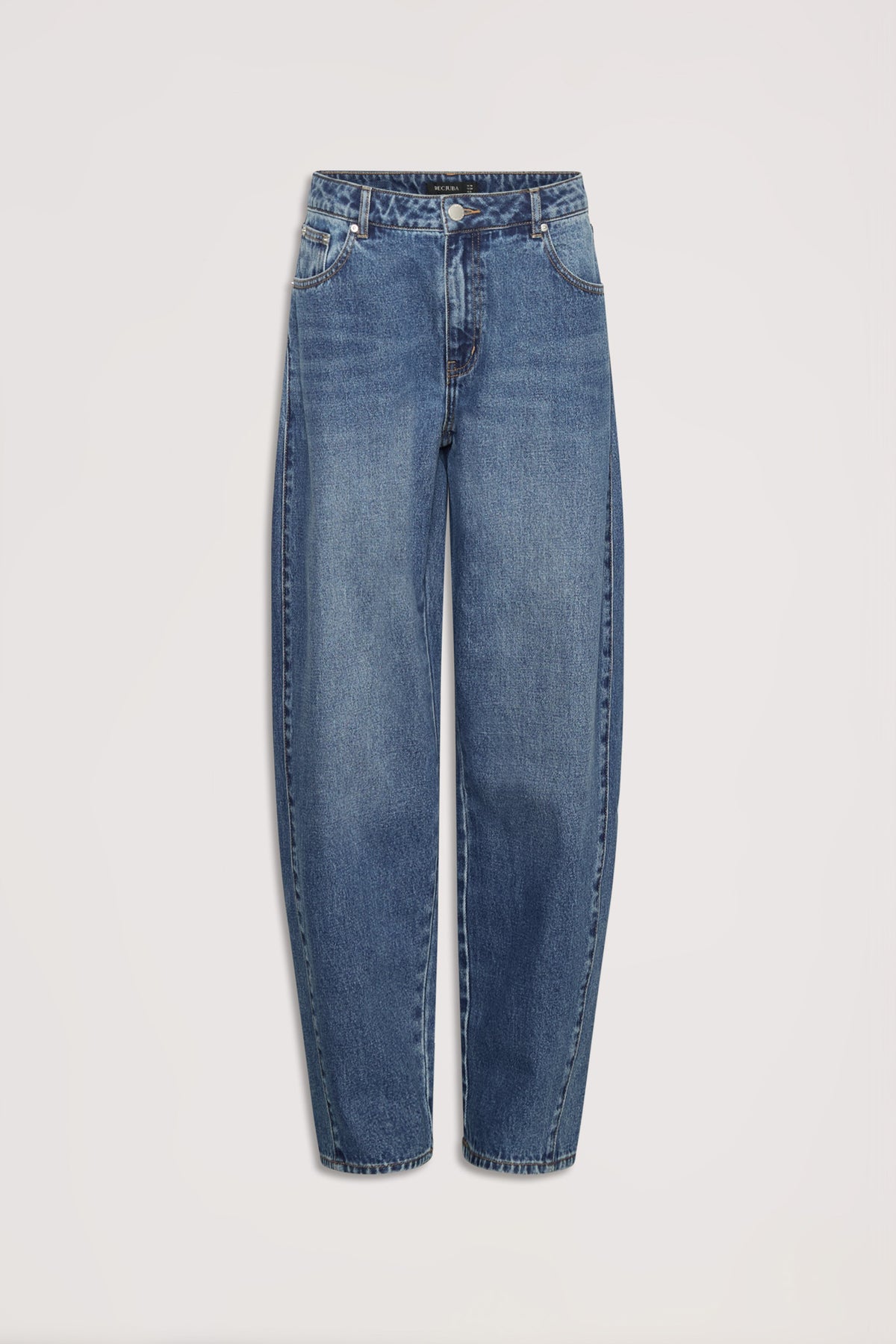 Camille Barrel Leg Jean in rigid denim, high rise with mid-thigh flare and tapered ankle, gallery position 4 portrait view.
