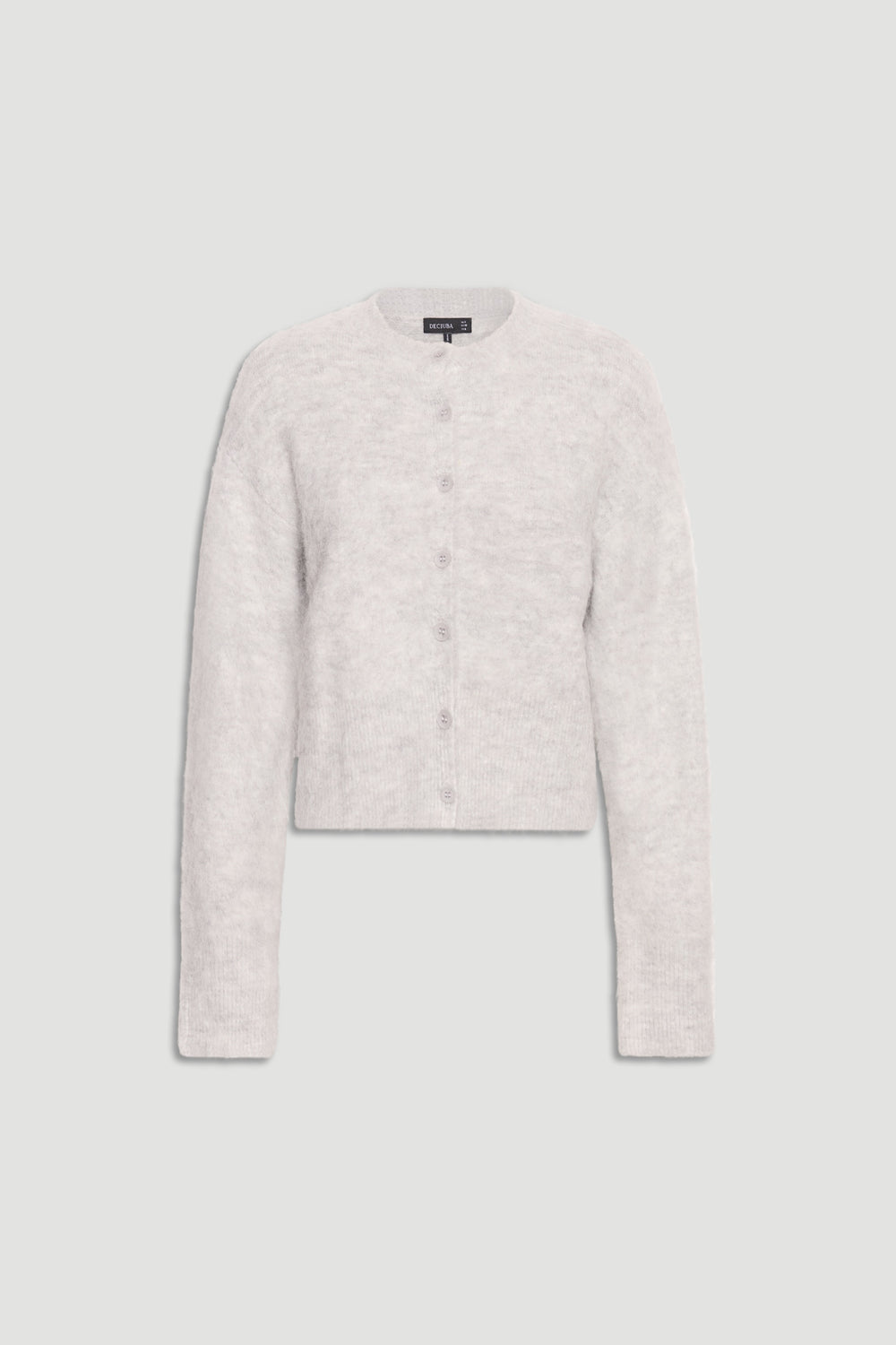 Light grey fluffy knit cardigan with a crew neckline and button front for a cozy, versatile layering piece.
