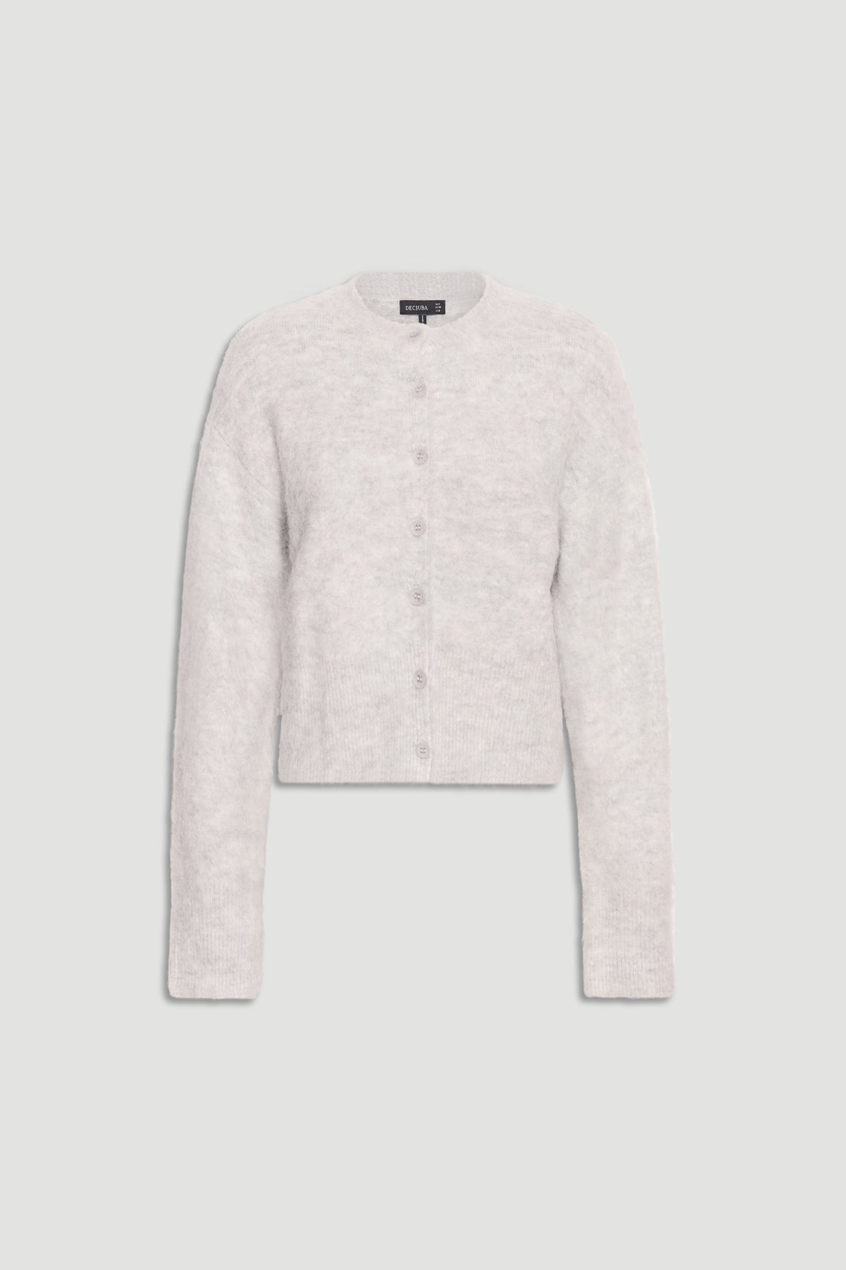 Light grey fluffy knit cardigan with a crew neckline and button front for a cozy, versatile layering piece.