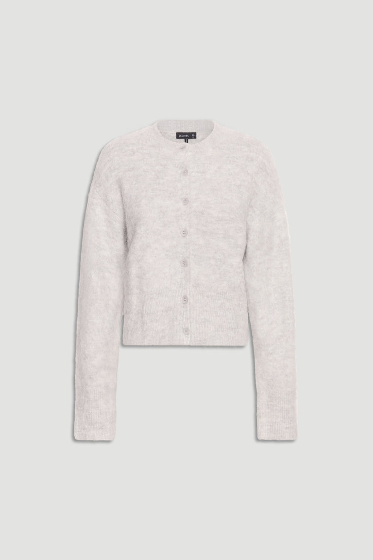 Light grey fluffy knit cardigan with a crew neckline and button front for a cozy, versatile layering piece.