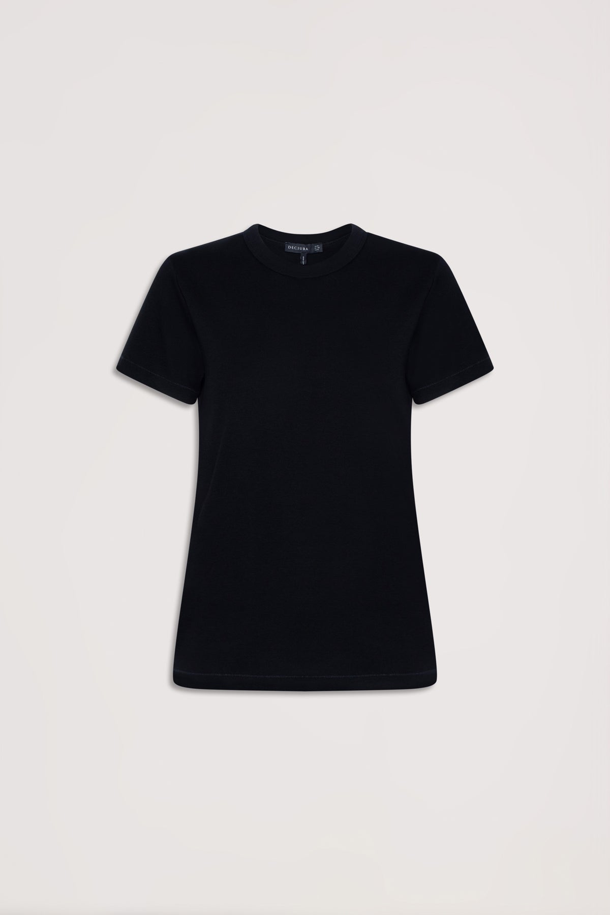 Classic black crew neck tee with short sleeves and a tailored fit, ideal for everyday effortless style.