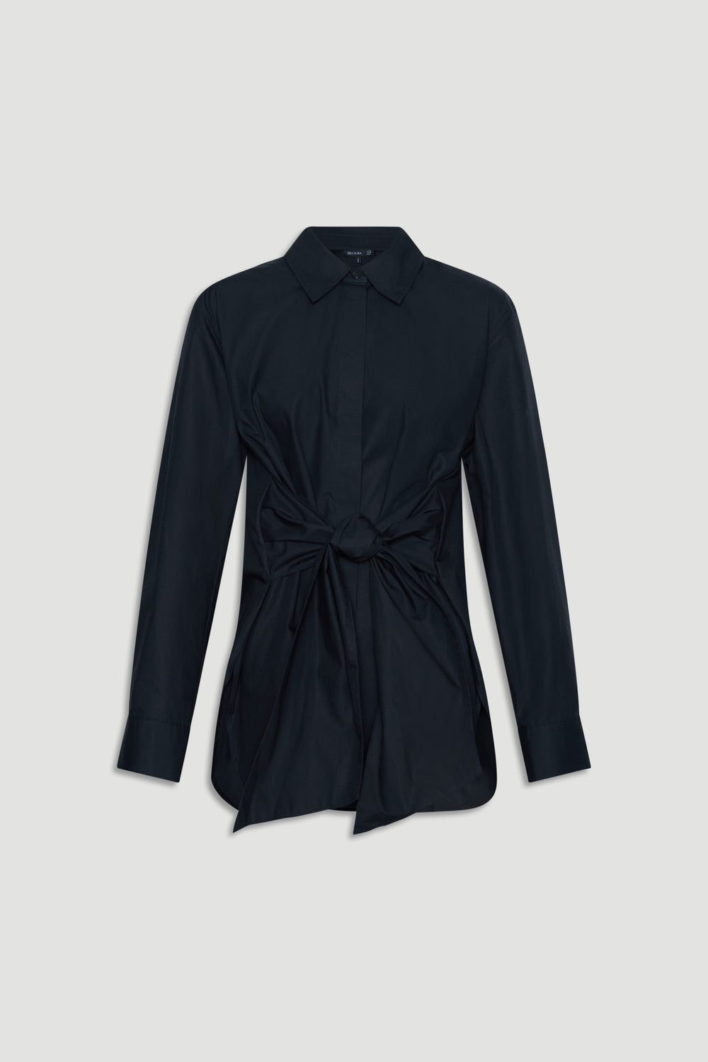 Black long-sleeve shirt with collar and front tie waist detail for a sleek, modern silhouette.