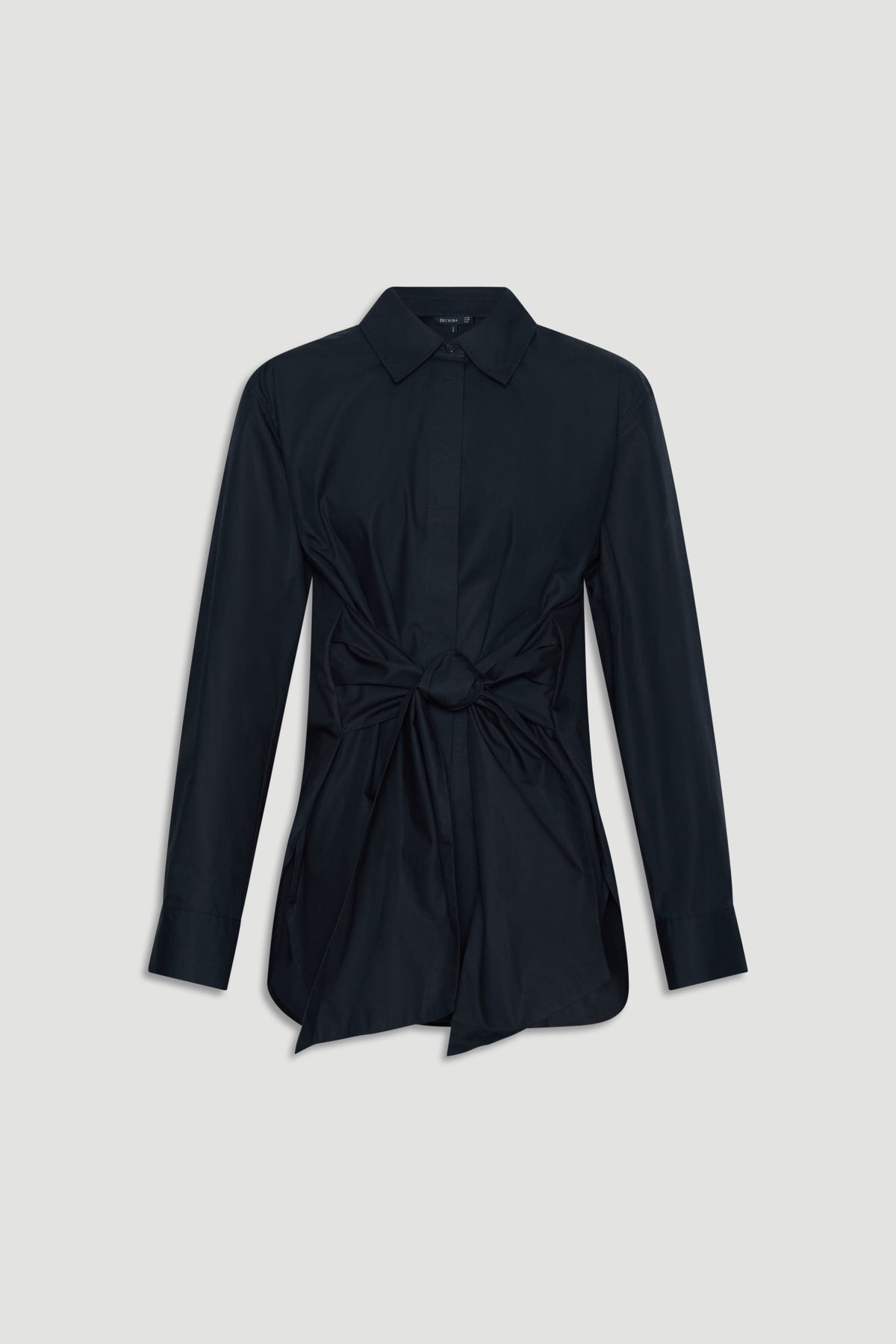 Black long-sleeve shirt with collar and front tie waist detail for a sleek, modern silhouette.
