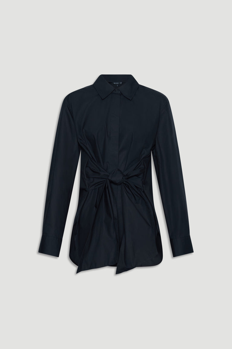 Black long-sleeve shirt with collar and front tie waist detail for a sleek, modern silhouette.