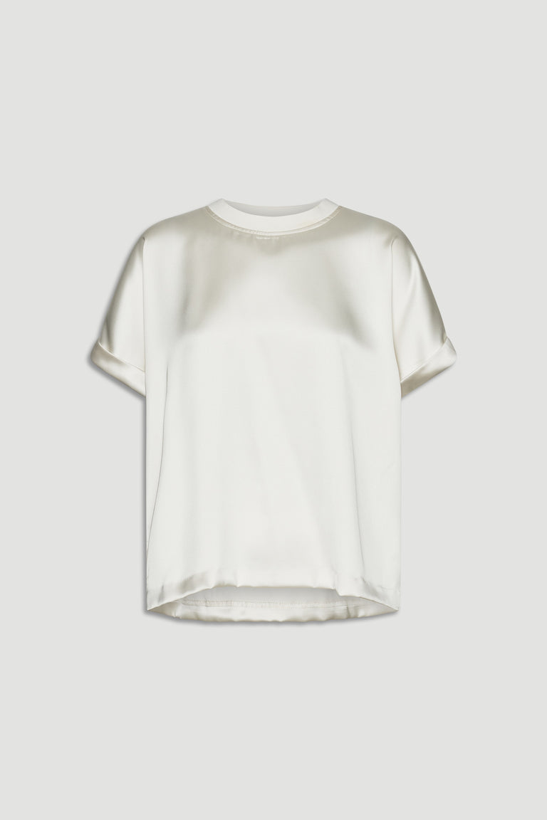 Cream satin tee with short rolled sleeves and a relaxed fit for a smooth, elevated everyday look