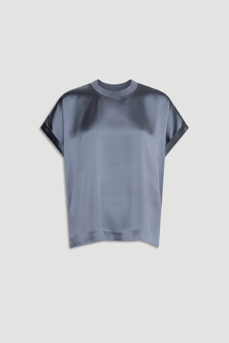 Soft steel blue satin tee with a relaxed fit, crew neckline, and short rolled sleeves for effortless style.