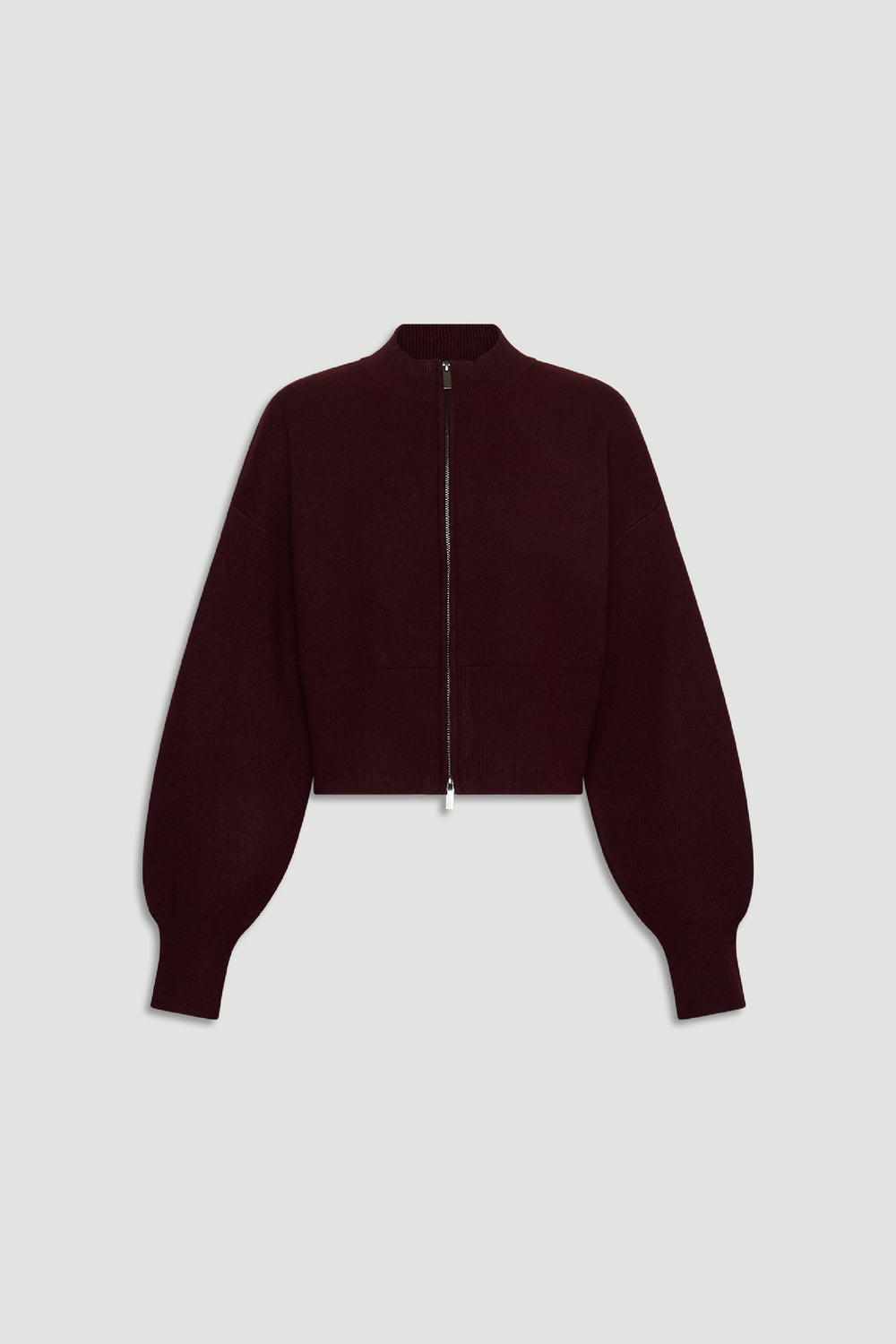 Zoey Zip Knit Jumper in deep burgundy with balloon sleeves and front zip, crafted by Decjuba Australian fashion brand