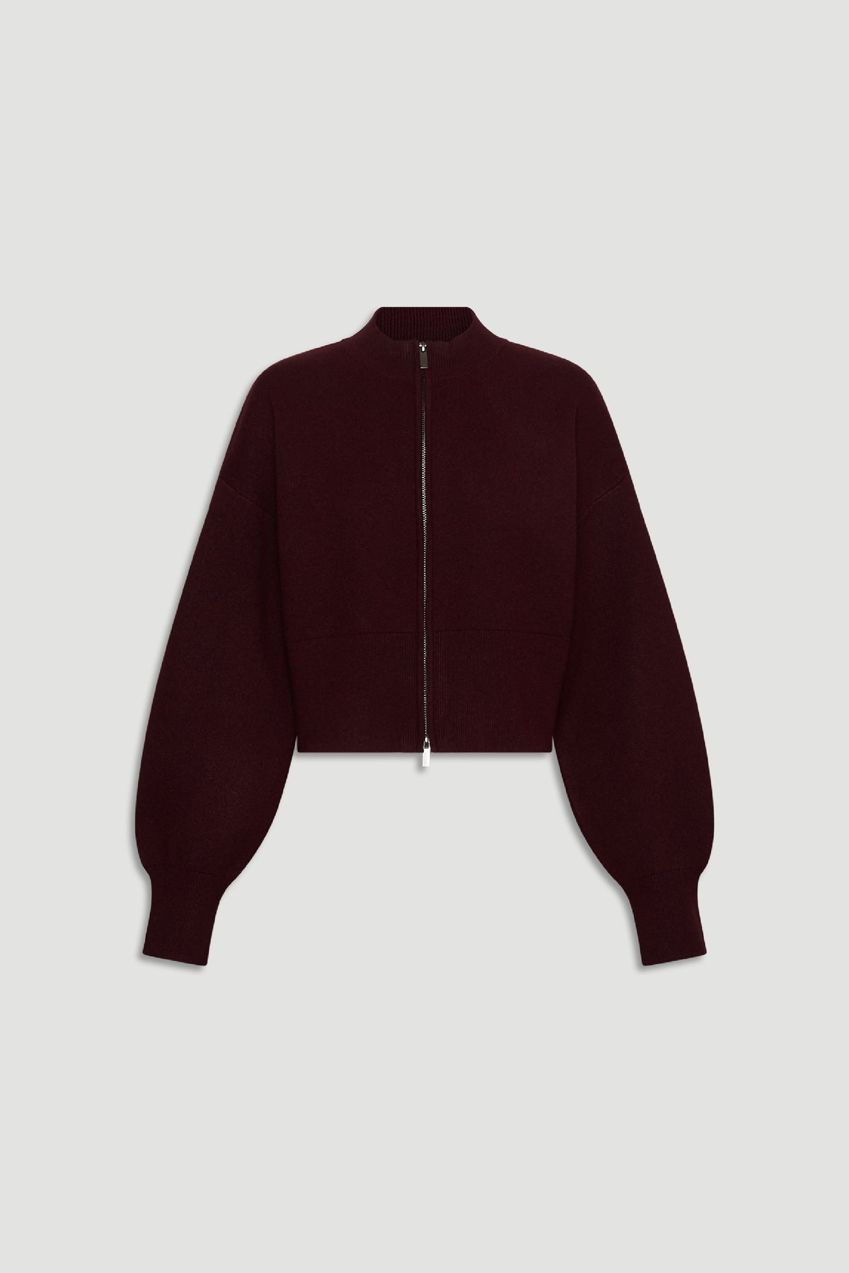 Zoey Zip Knit Jumper in deep burgundy with balloon sleeves and front zip, crafted by Decjuba Australian fashion brand