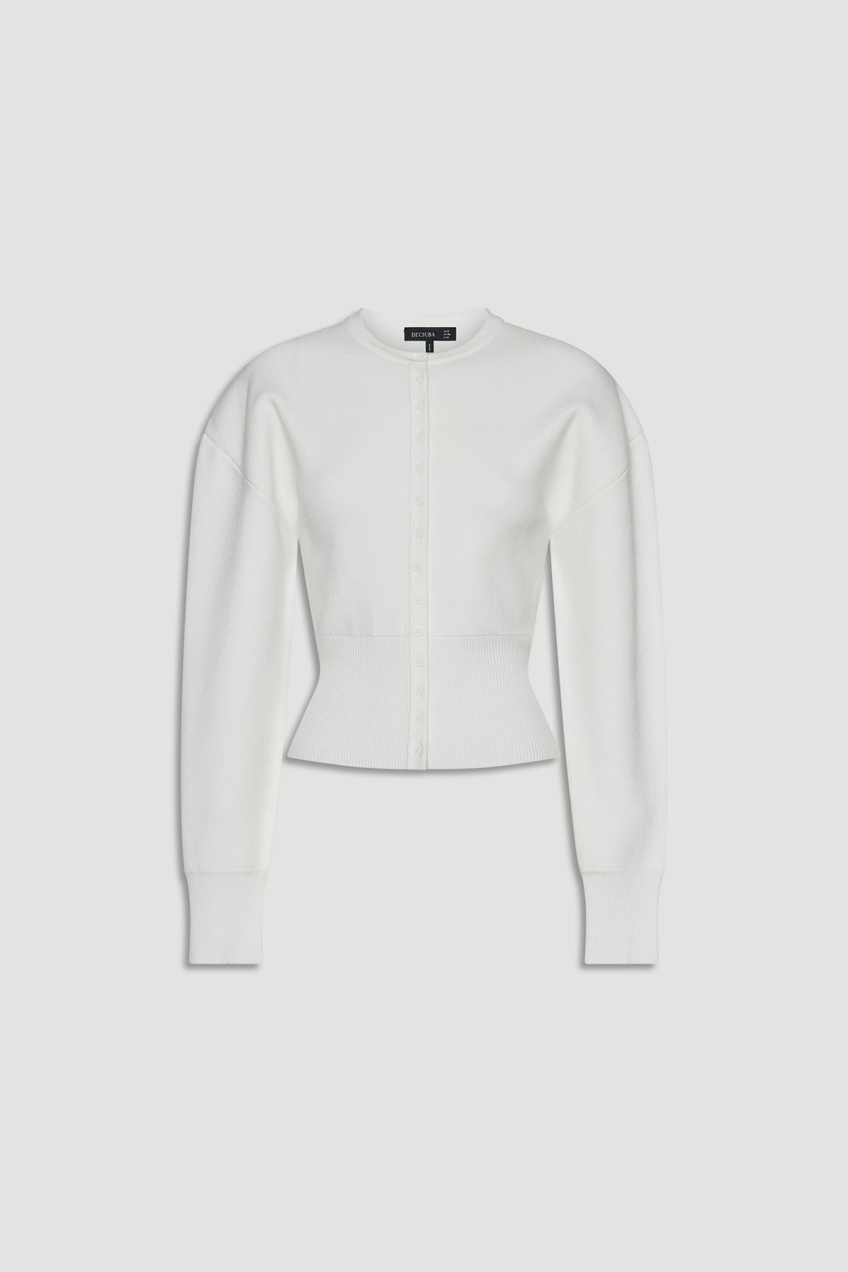 Ivory fitted cardigan with a cinched waist and long sleeves, designed for a sleek, polished look.