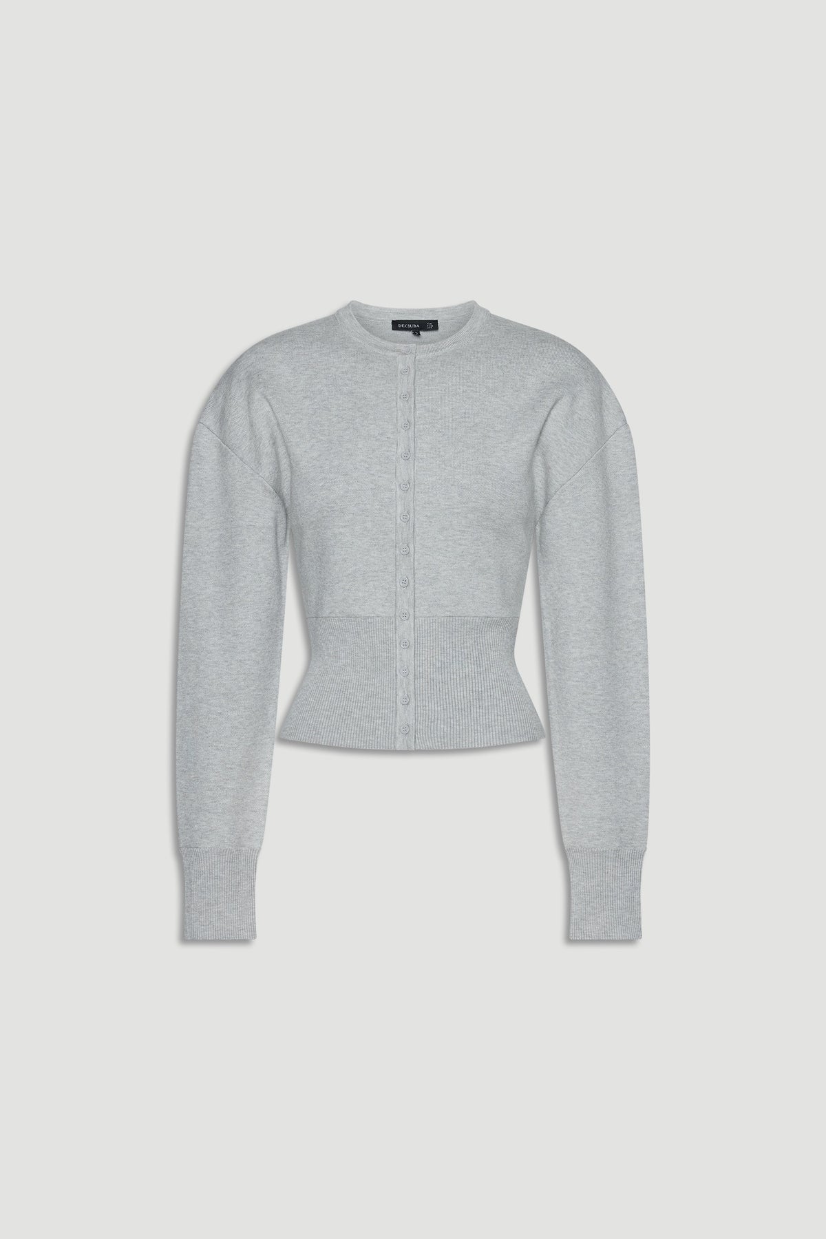 Light grey cinched knit cardigan with long sleeves and button front, designed for a flattering, modern fit.
