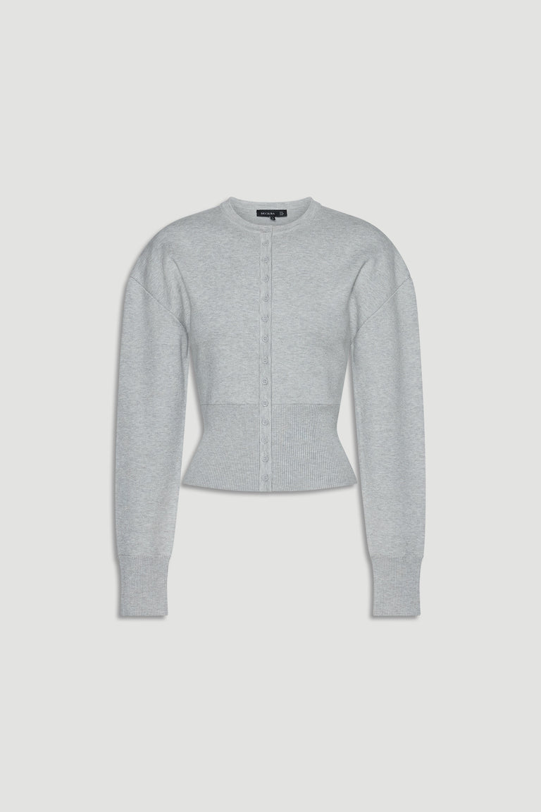 Light grey cinched knit cardigan with long sleeves and button front, designed for a flattering, modern fit.