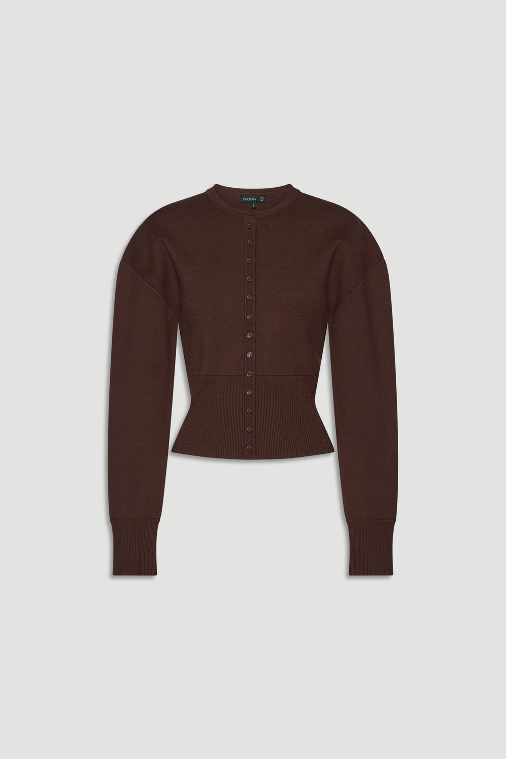 Rich mocha knit cardigan with a cinched waist and button-front design for a flattering, tailored fit