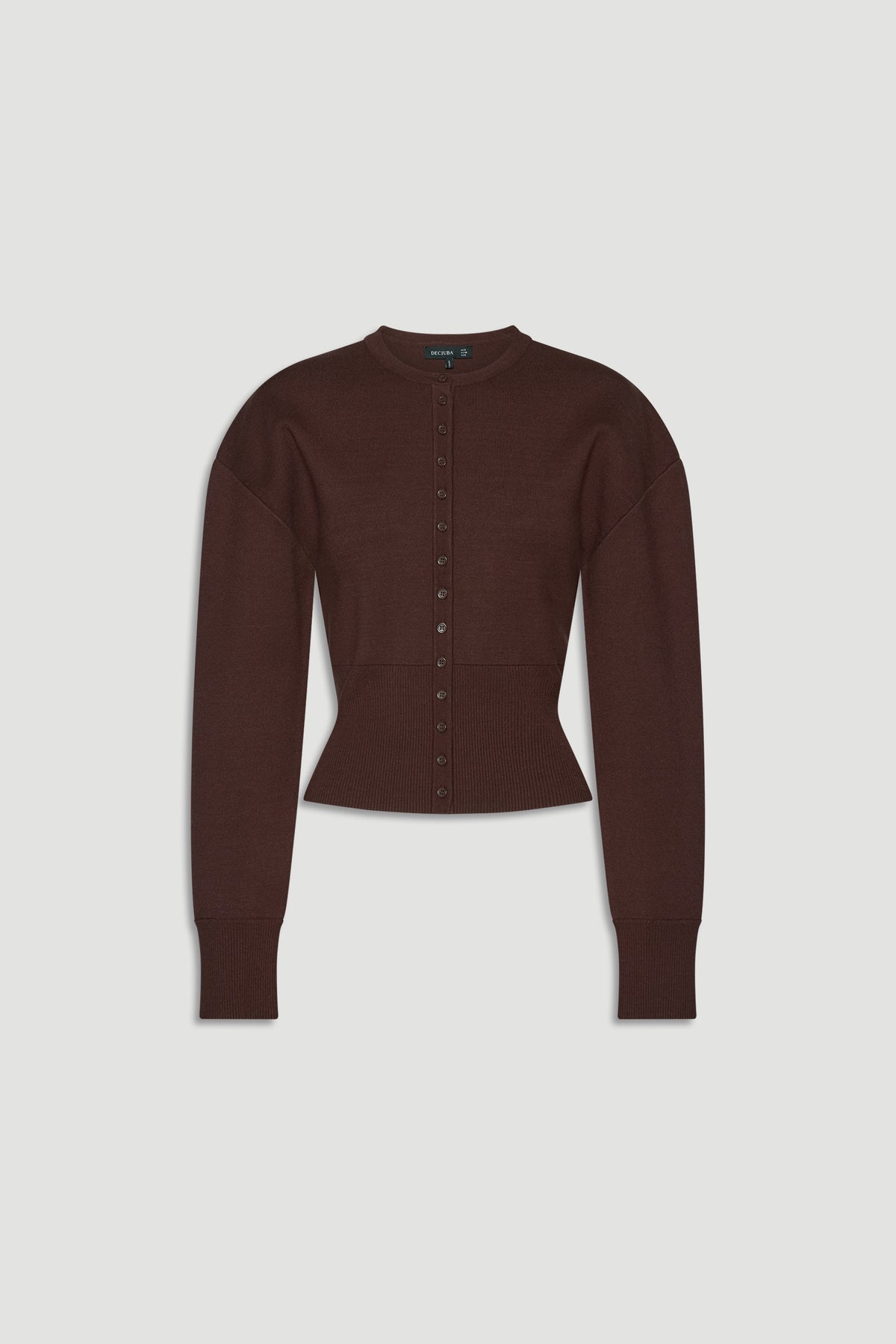 Rich mocha knit cardigan with a cinched waist and button-front design for a flattering, tailored fit