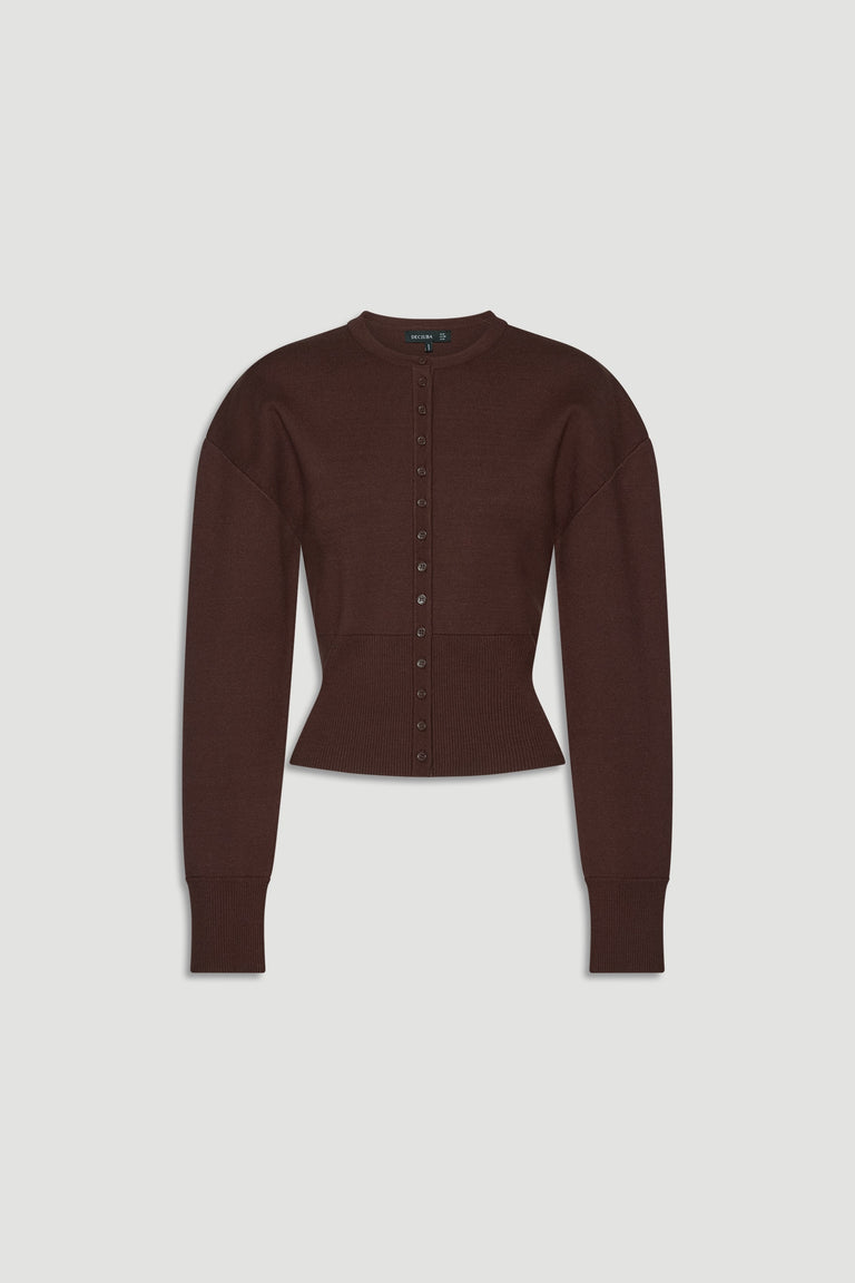 Rich mocha knit cardigan with a cinched waist and button-front design for a flattering, tailored fit