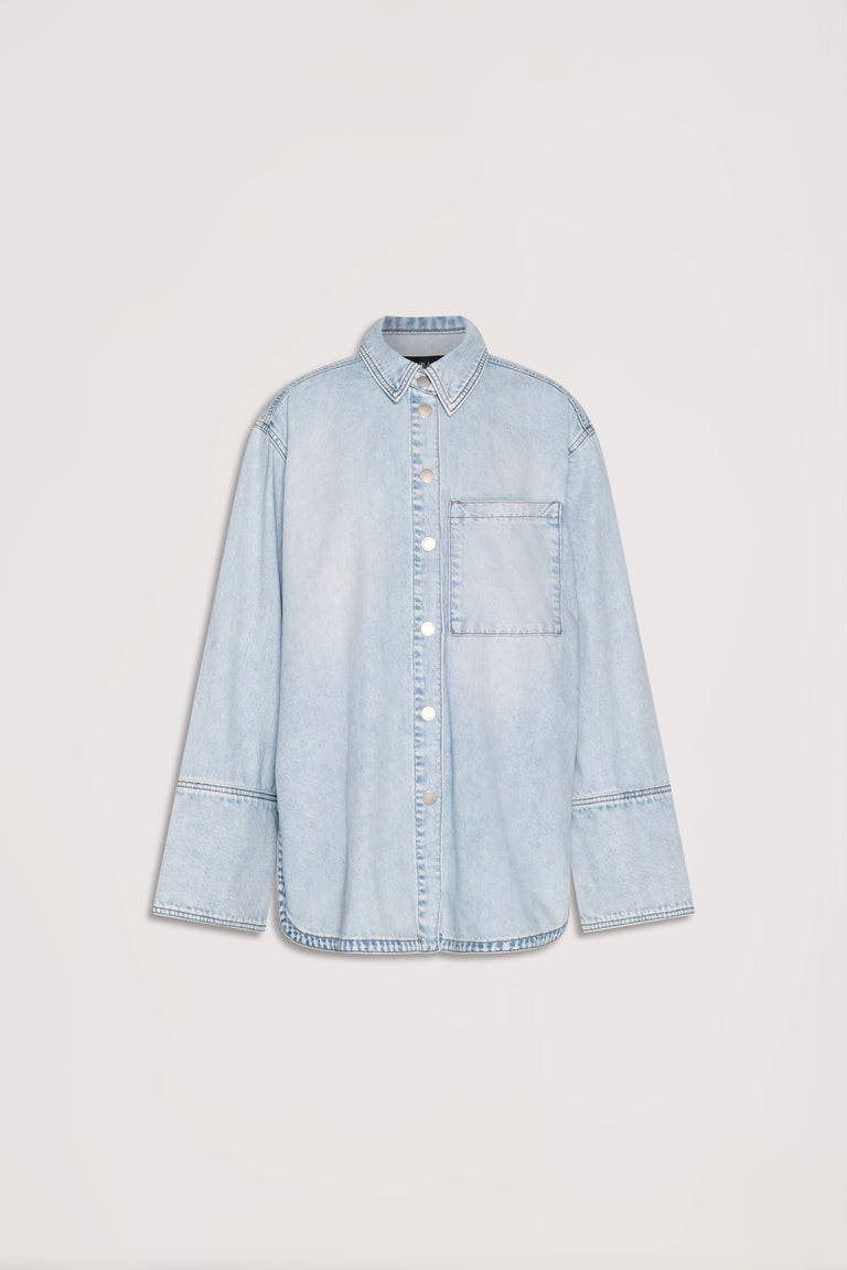 Light wash denim shirt with long sleeves, front buttons, and a single chest pocket for a relaxed everyday look.