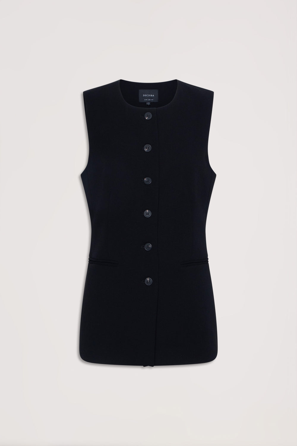 Black tailored sleeveless vest with front buttons and subtle pocket detailing, displayed on a light background
