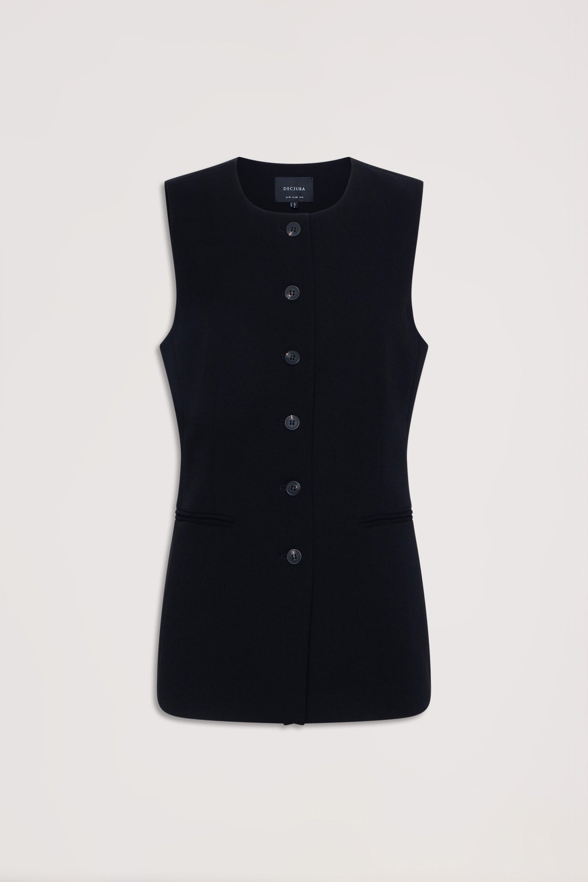 Black tailored sleeveless vest with front buttons and subtle pocket detailing, displayed on a light background
