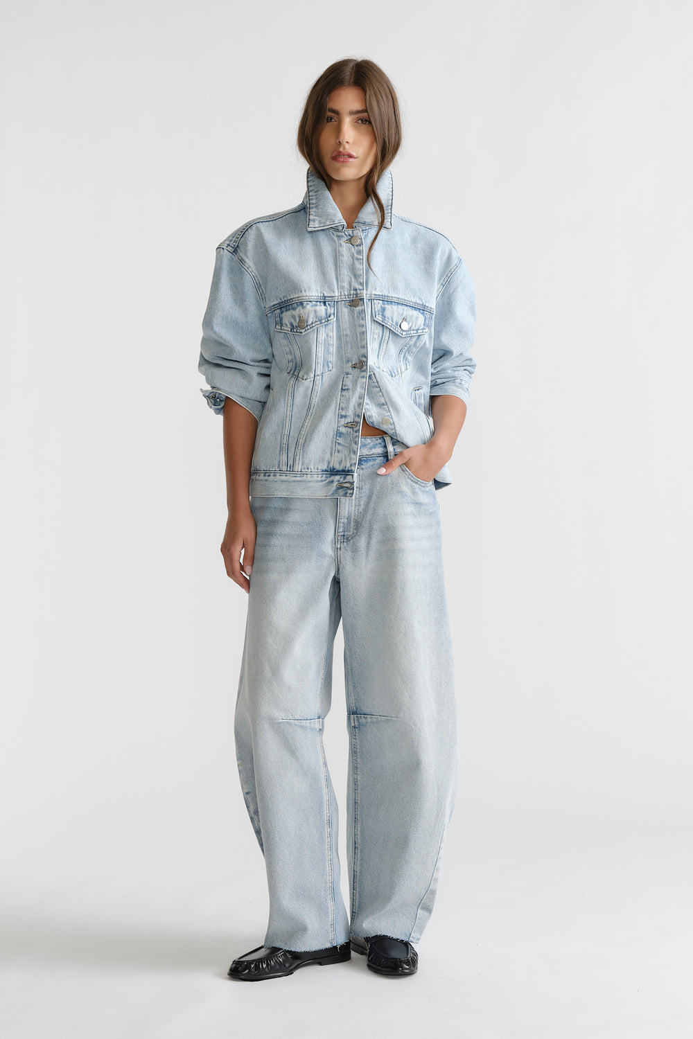 D-Luxe Horseshoe Jean in light washed denim with wide leg and relaxed fit styled with matching denim jacket by DECJUBA Australian brand