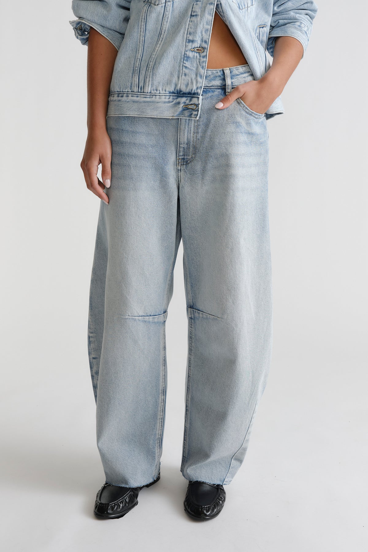 D-Luxe Horseshoe Jean in light washed denim with relaxed fit and wide leg styled with matching denim jacket by DECJUBA Australian brand