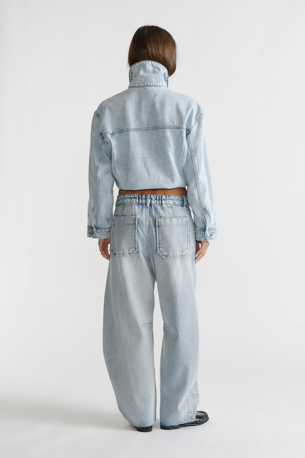 D-Luxe Horseshoe Jean in light washed denim with wide leg and elasticated waistband by DECJUBA Australian fashion brand