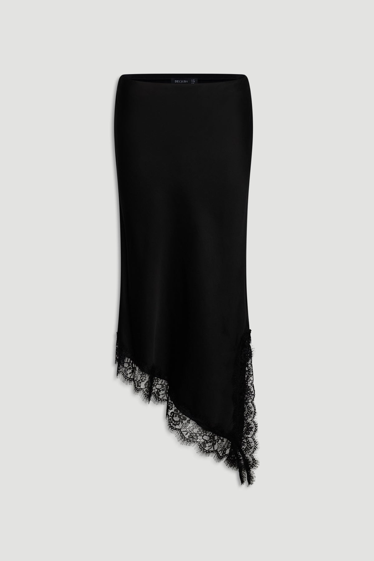 Karla Lace Slip Skirt in sleek black satin with an elegant asymmetric lace hem by DECJUBA Australian fashion brand