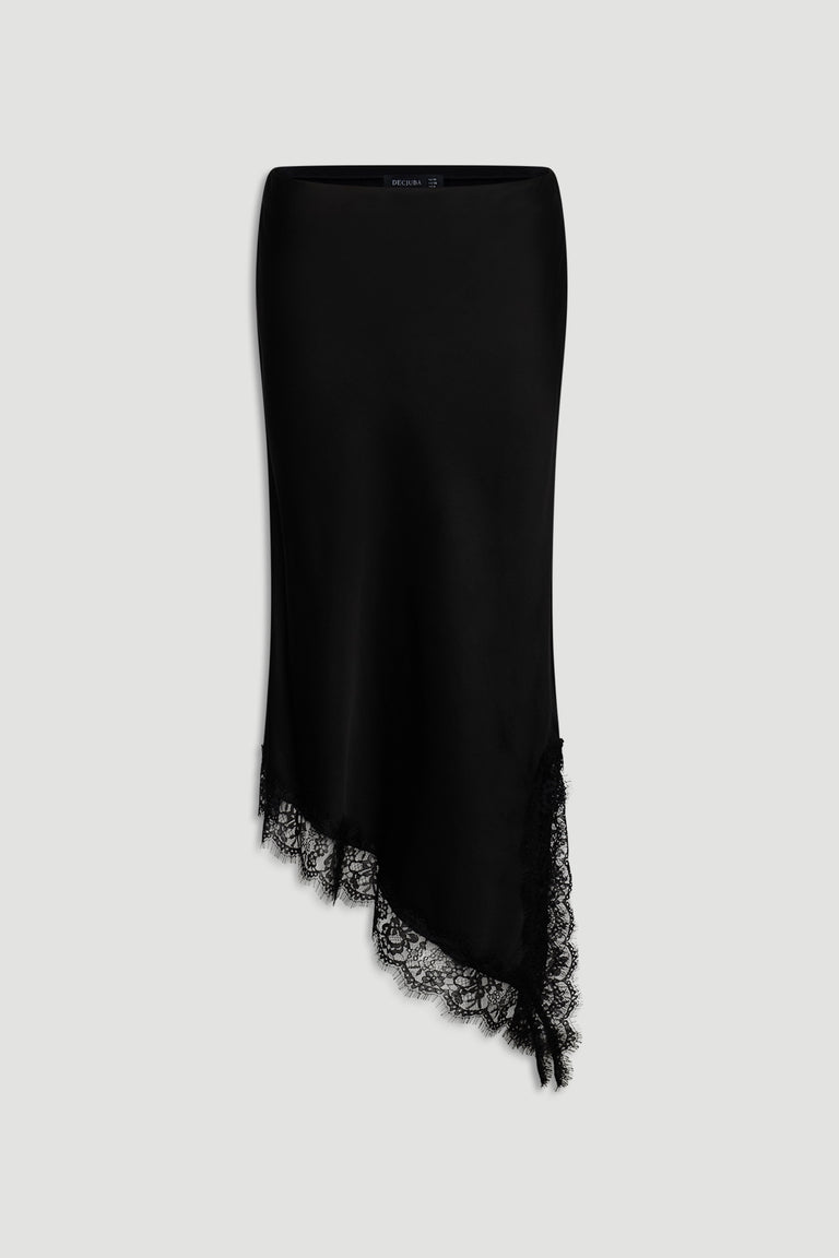 Karla Lace Slip Skirt in sleek black satin with an elegant asymmetric lace hem by DECJUBA Australian fashion brand