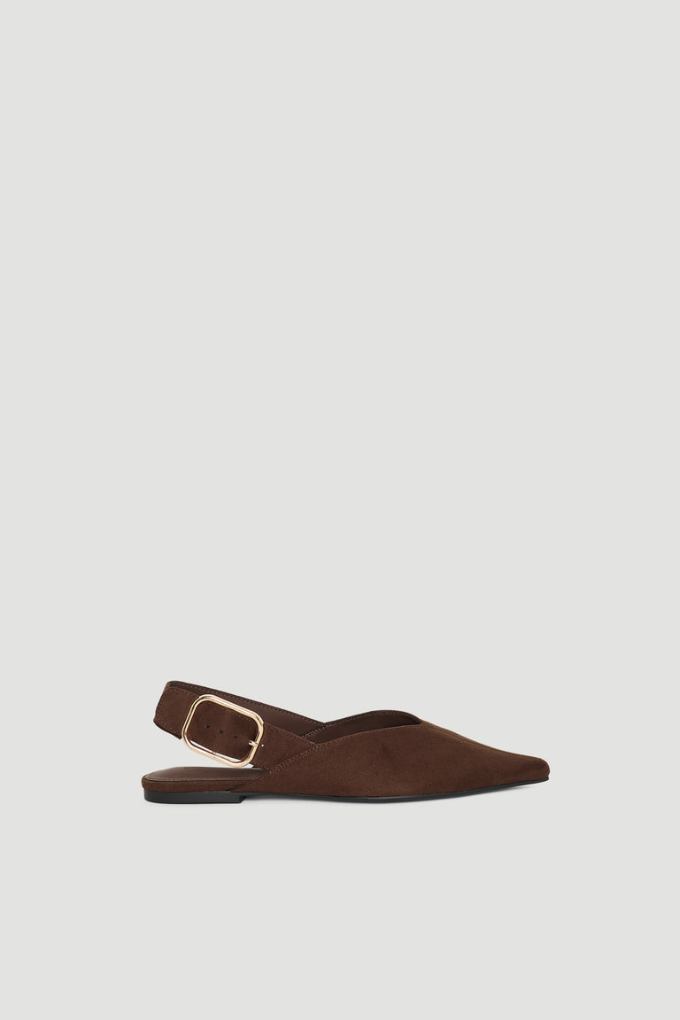 Tilly Point Sling Back in rich chocolate brown with pointed toe and adjustable gold-tone buckle for refined, everyday elegance.