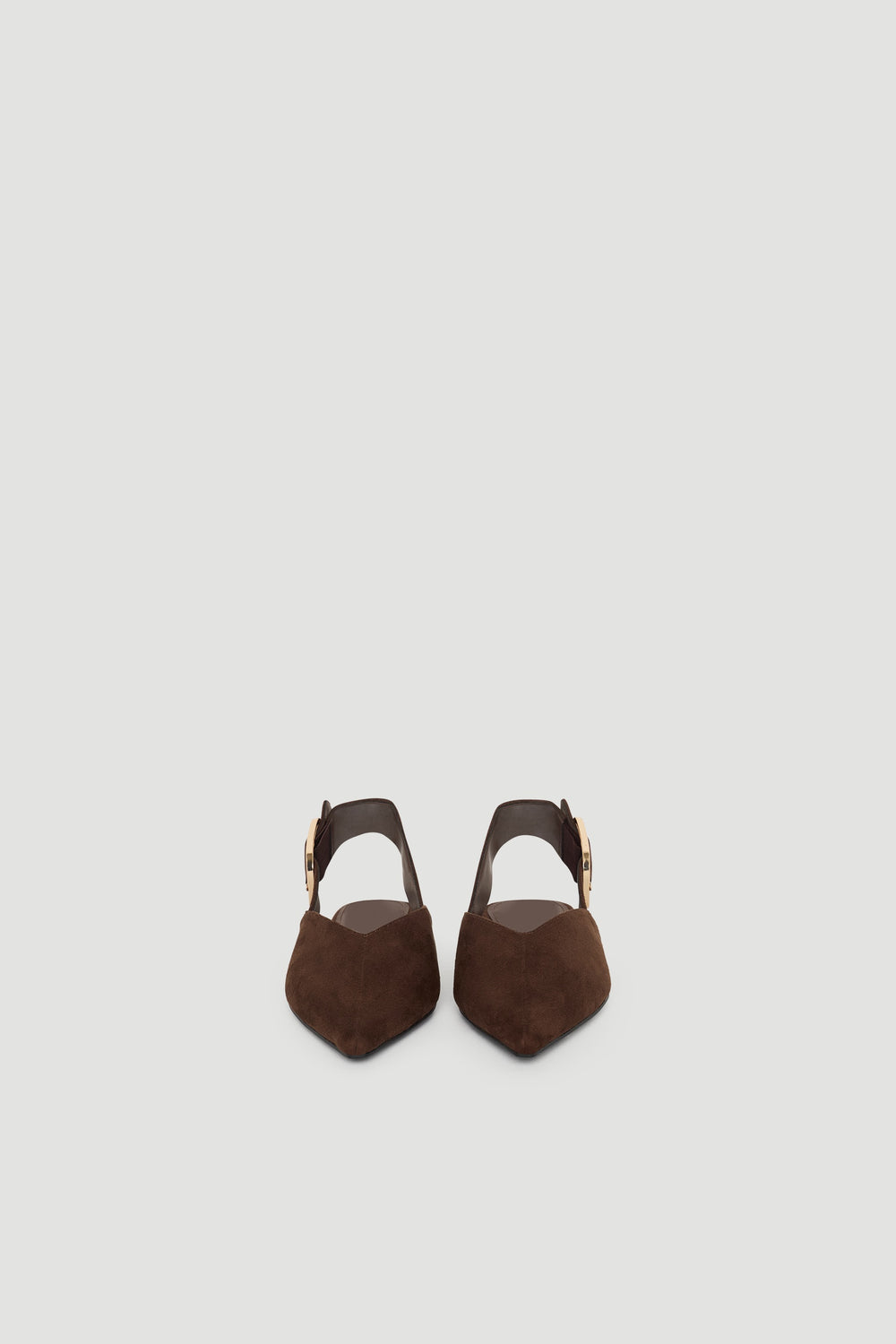 Tilly Point Sling Back in rich chocolate brown suede with pointed toes and adjustable ankle buckle for chic comfort.