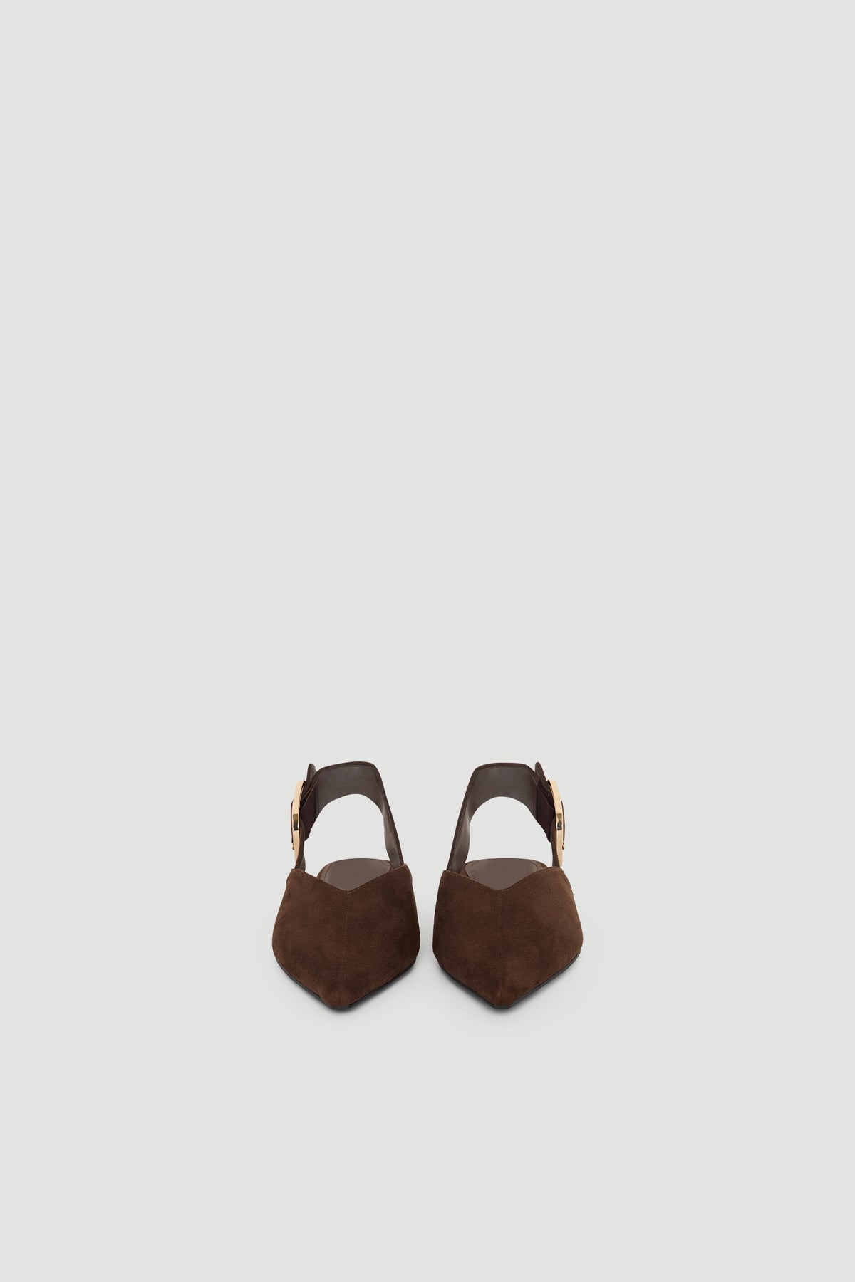 Tilly Point Sling Back in rich chocolate brown suede with pointed toes and adjustable ankle buckle for chic comfort.