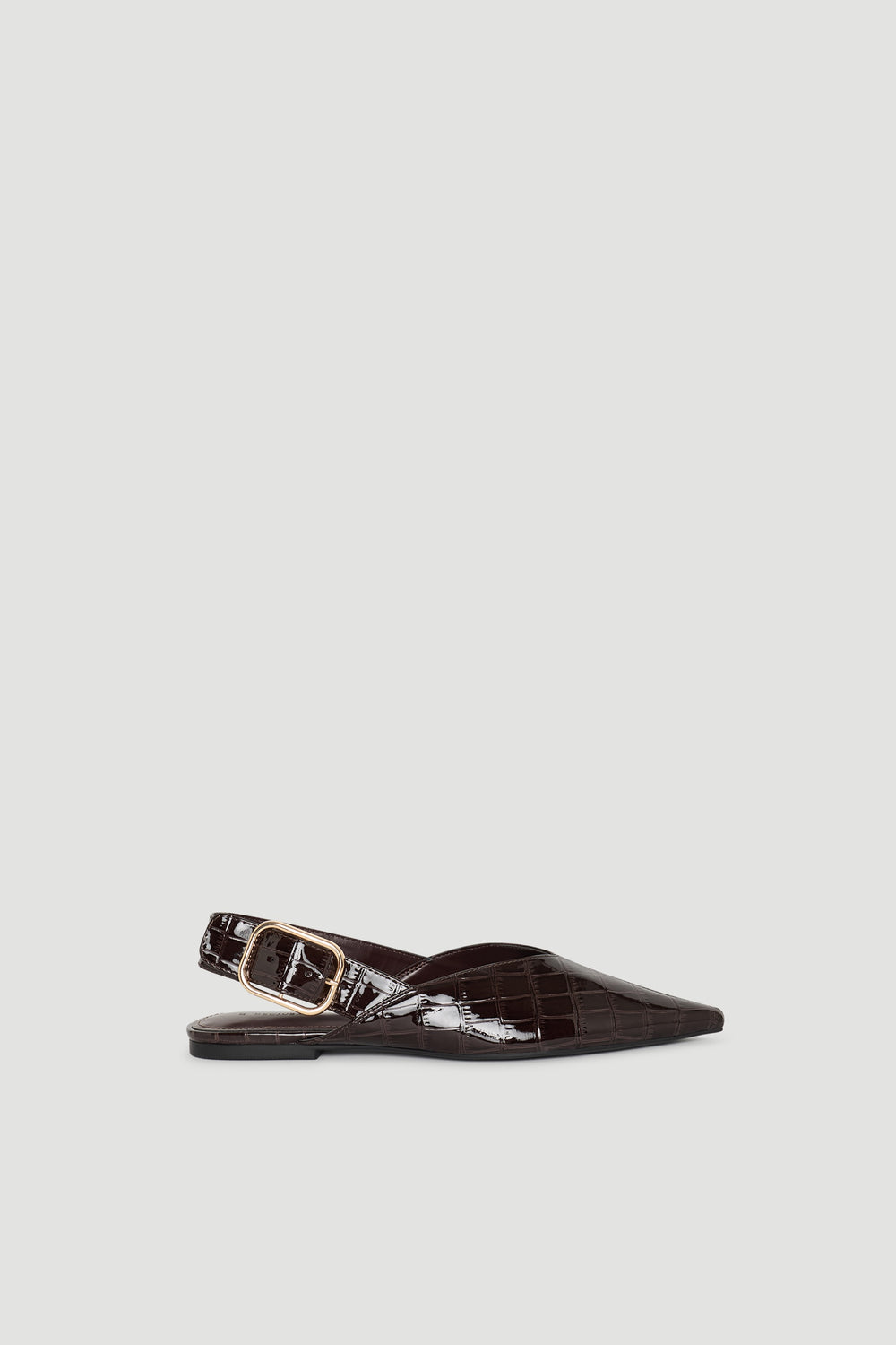 Tilly Point Sling Back in glossy dark plum with croc embossed texture, pointed toe, and adjustable buckle strap.