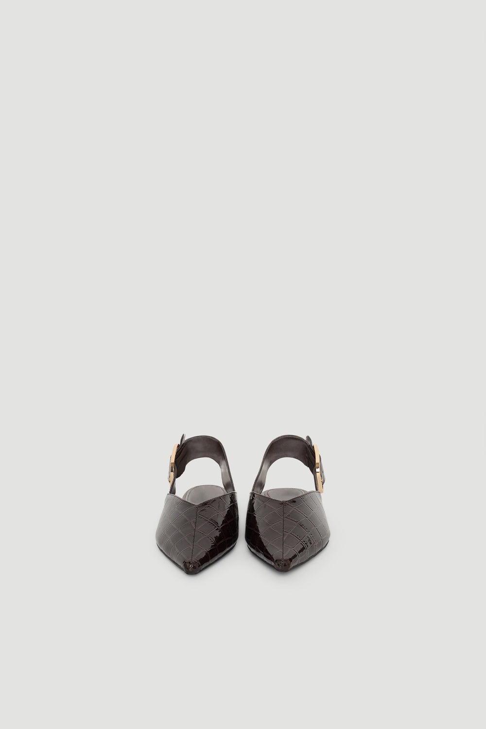 Tilly Point Sling Back in deep plum croc-embossed leather with a pointed toe and gold buckle strap for stylish comfort.