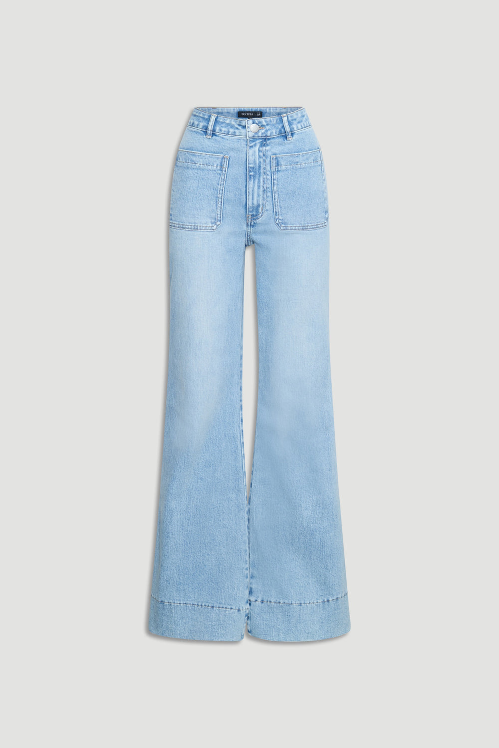 Light wash Tori Flare Jean with wide legs and front patch pockets by DECJUBA, an Australian fashion brand designed for everyday style.