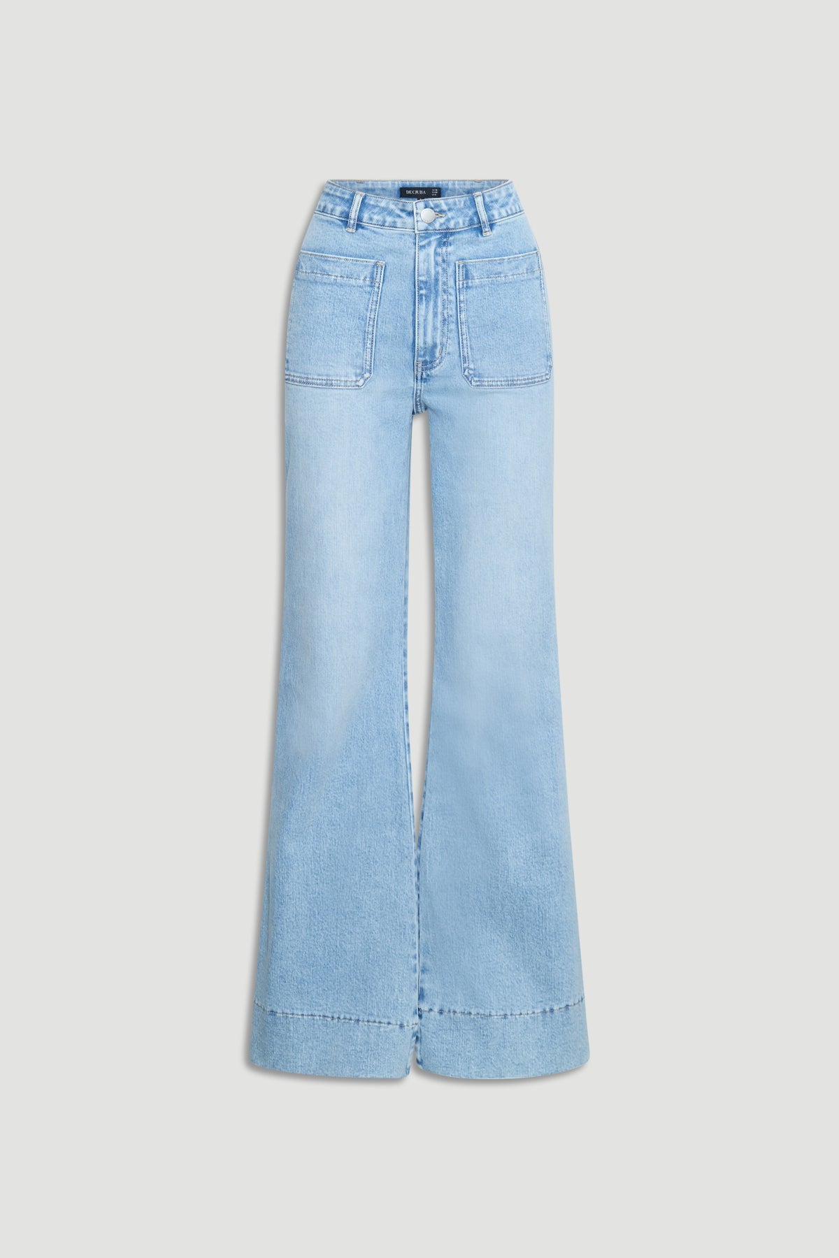 Light wash Tori Flare Jean with wide legs and front patch pockets by DECJUBA, an Australian fashion brand designed for everyday style.
