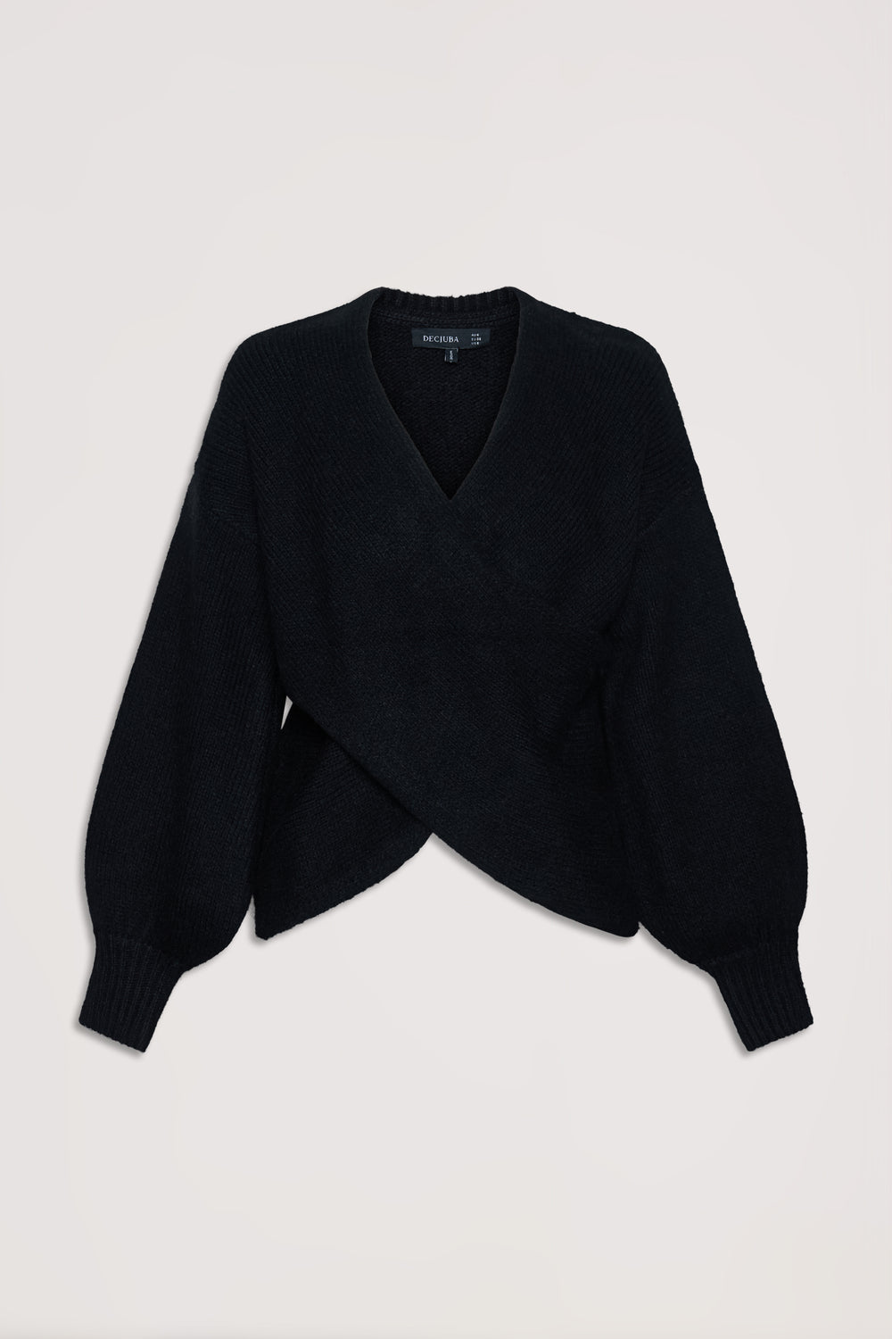 Black knit crossover jumper with balloon sleeves and ribbed cuffs, offering a cozy and stylish look.