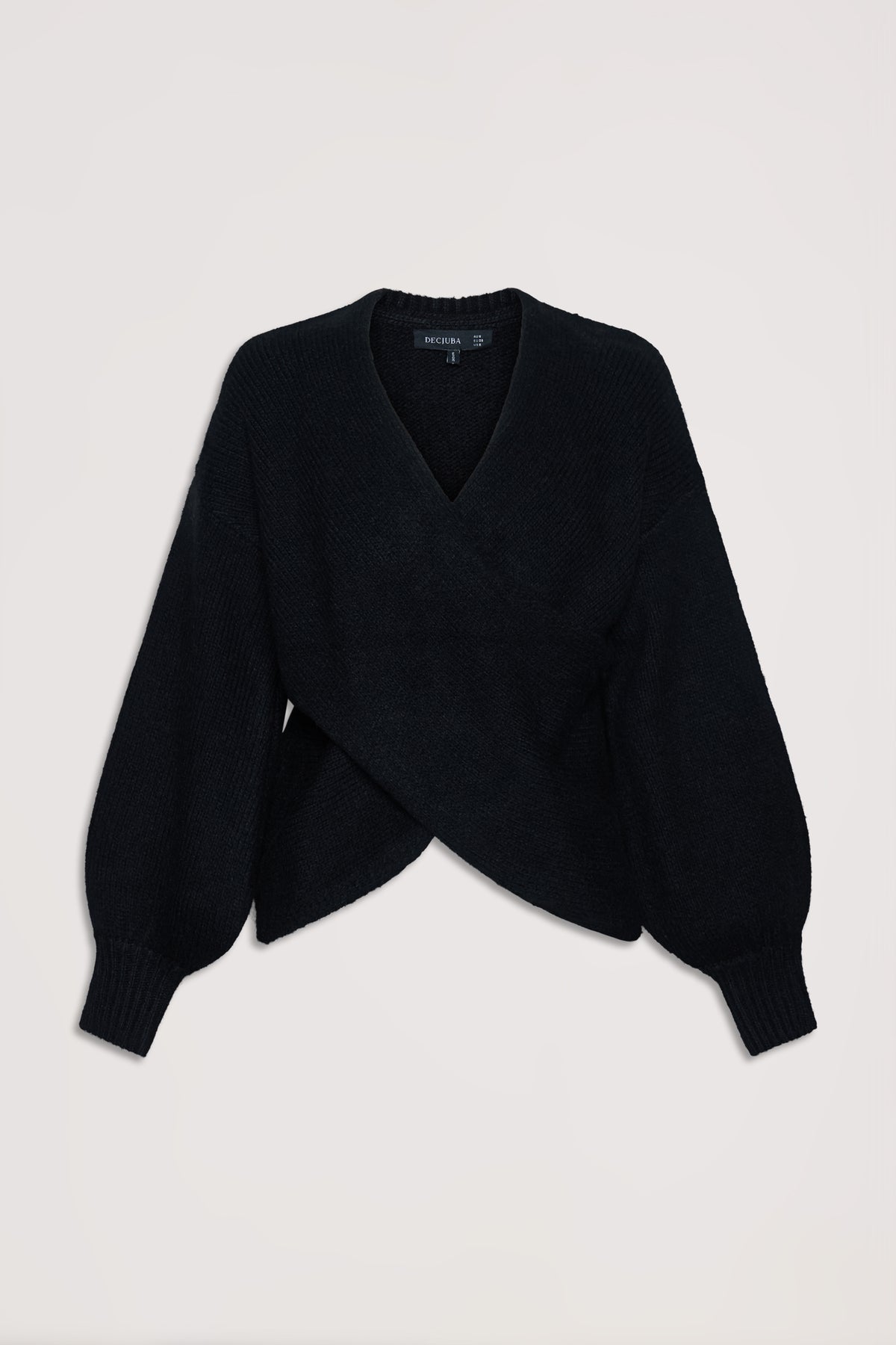 Black knit crossover jumper with balloon sleeves and ribbed cuffs, offering a cozy and stylish look.