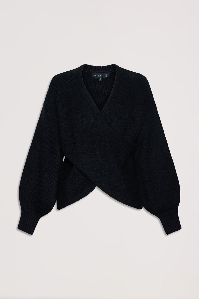 Black knit crossover jumper with balloon sleeves and ribbed cuffs, offering a cozy and stylish look.
