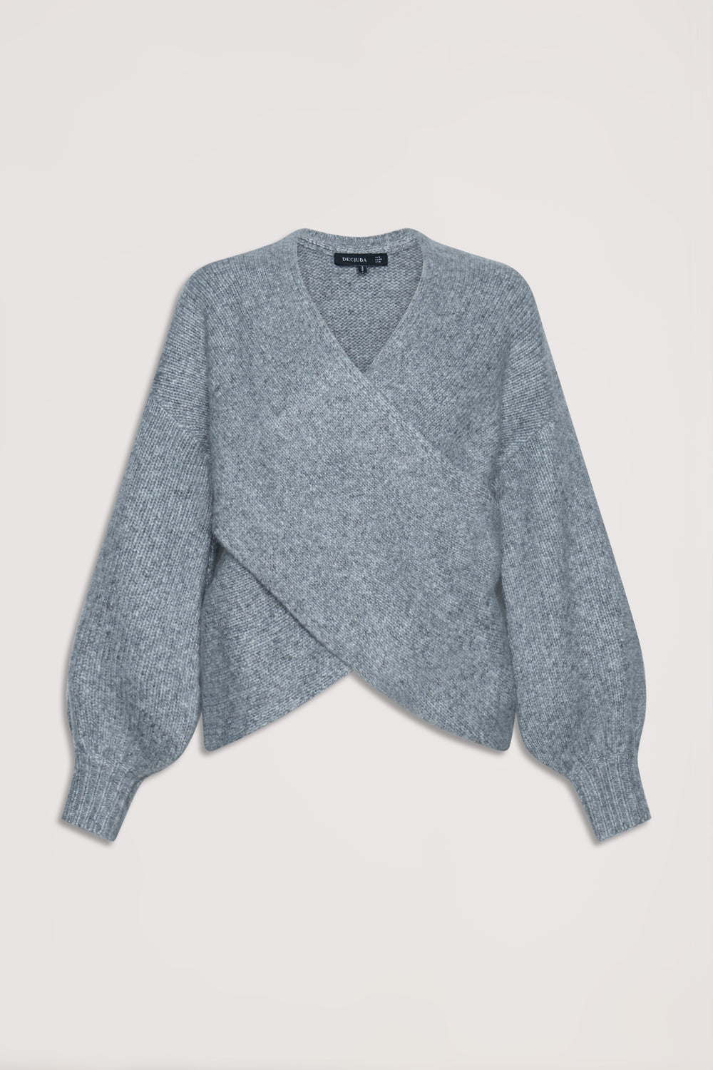 Soft grey crossover jumper with balloon sleeves and a textured knit for a cozy, stylish layered look