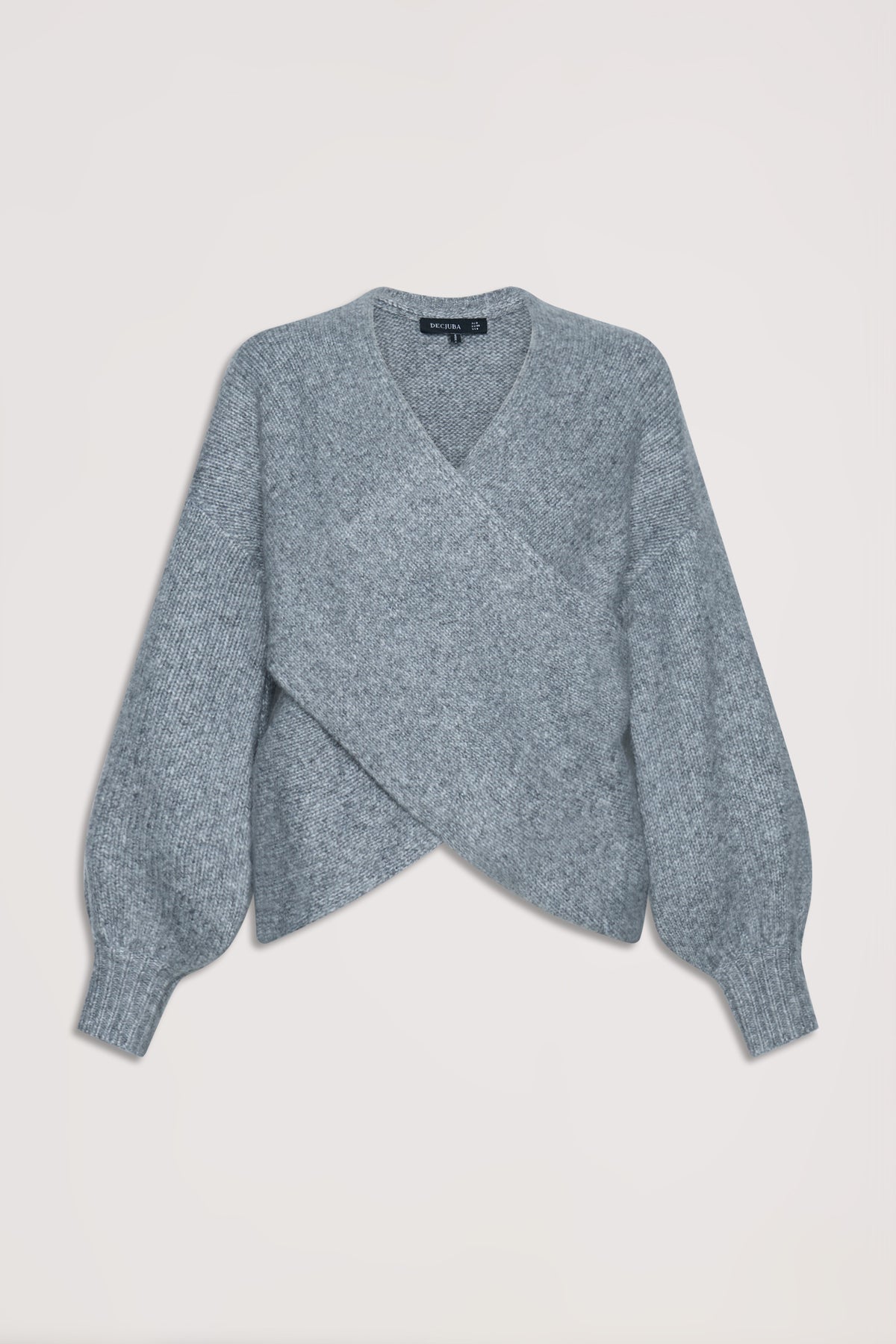 Soft grey crossover jumper with balloon sleeves and a textured knit for a cozy, stylish layered look