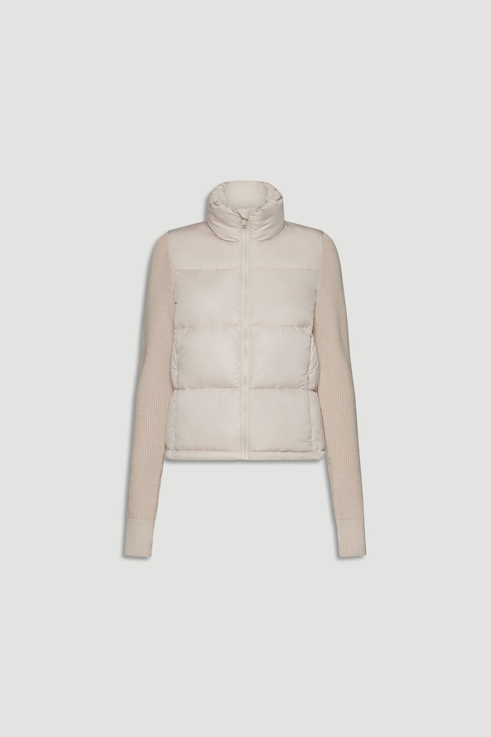 Light beige knit puffer jacket with quilted front and ribbed long sleeves and high collar detailing