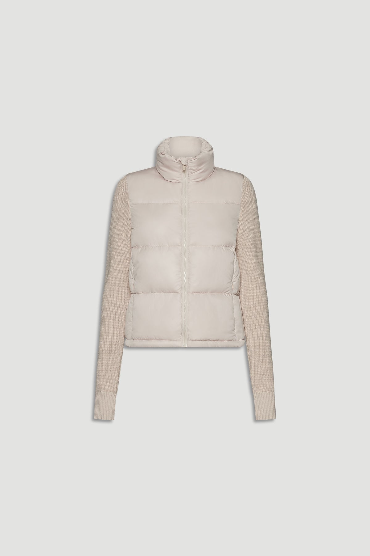 Light beige knit puffer jacket with quilted front and ribbed long sleeves and high collar detailing