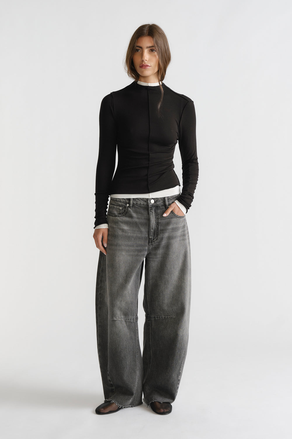 D-Luxe Semi Sheer Long Sleeve in black with fitted silhouette paired with relaxed grey denim by DECJUBA Australian fashion brand