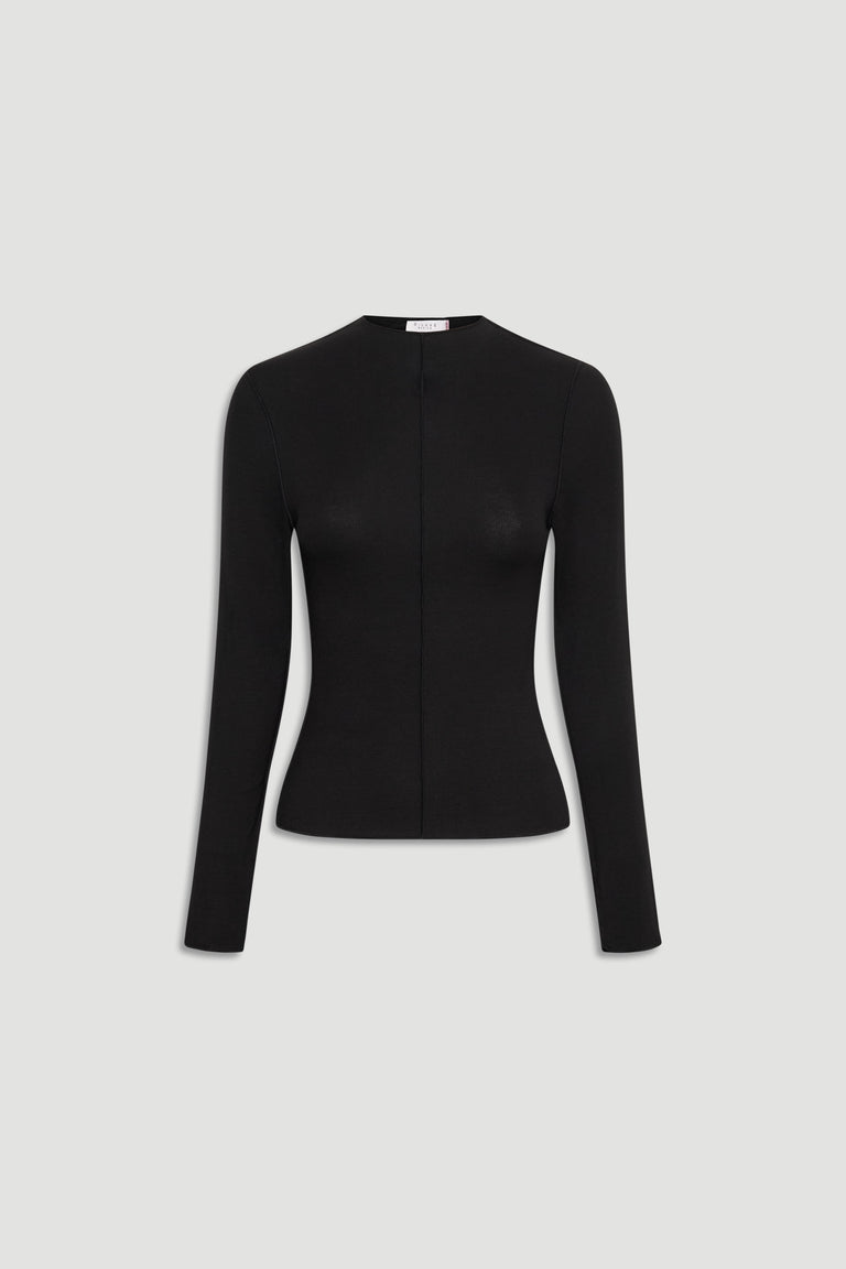 D-Luxe Semi Sheer Long Sleeve in black with a sleek fit and subtle seam detail by DECJUBA Australian fashion brand