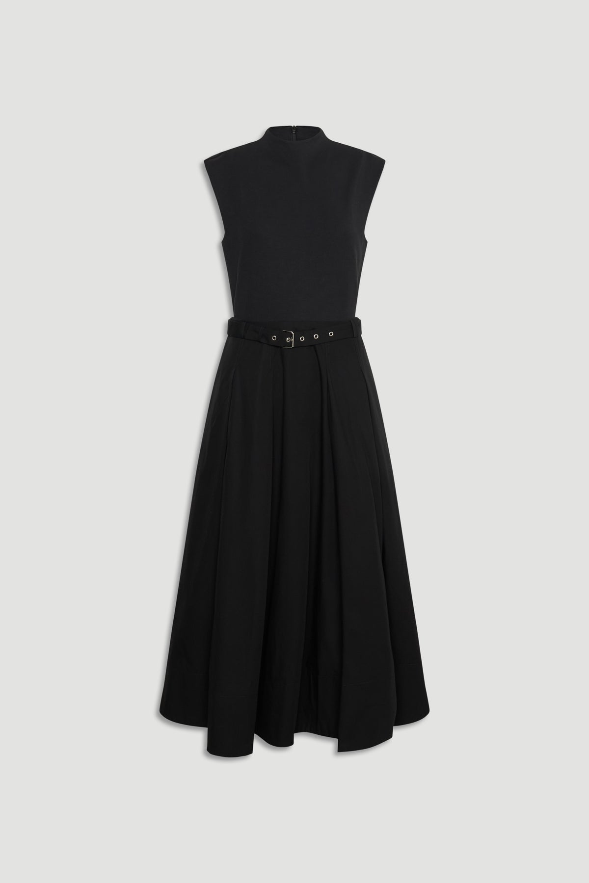 Sleeveless Stefanie Spliced Midi Dress in black with high neckline and belted waist, featuring pleated skirt by DECJUBA