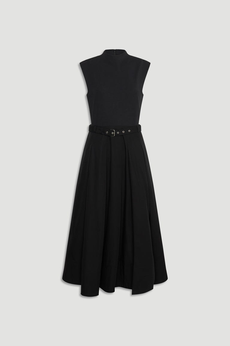 Sleeveless Stefanie Spliced Midi Dress in black with high neckline and belted waist, featuring pleated skirt by DECJUBA