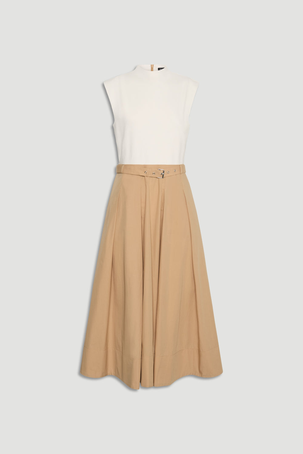Stefanie Spliced Midi Dress in cream and tan with a belted waist and flowing skirt by DECJUBA.