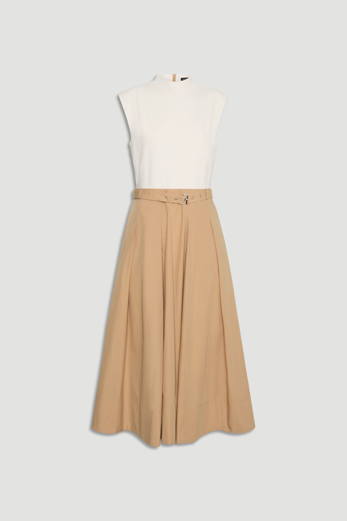 Stefanie Spliced Midi Dress in cream and tan with a belted waist and flowing skirt by DECJUBA.